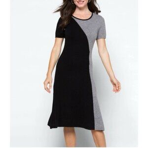 Lusso Knit Sweater Midi Dress M Medium Black Gray Cashmere Short Sleeve Washable